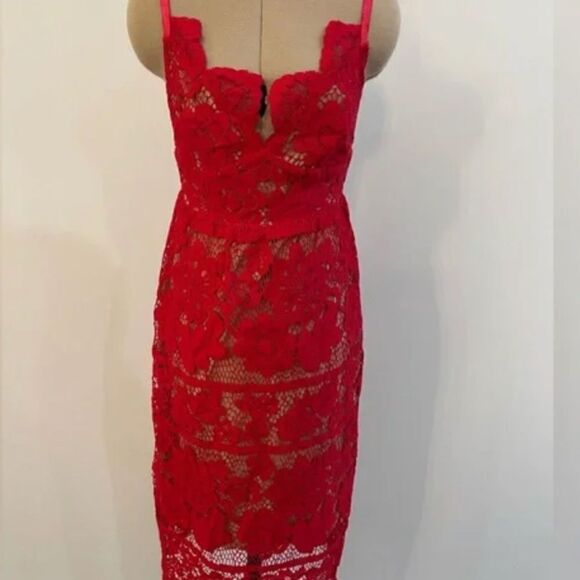 For Love And Lemons Dresses & Skirts - For Love and Lemons Red Lace Dress Tan Leotard Body Suit - Size Small - Like New